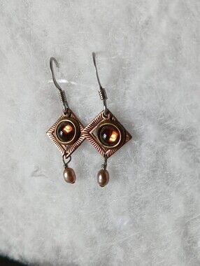 Mixed Metal Amber-Color Cabochon And Pearl Earrings